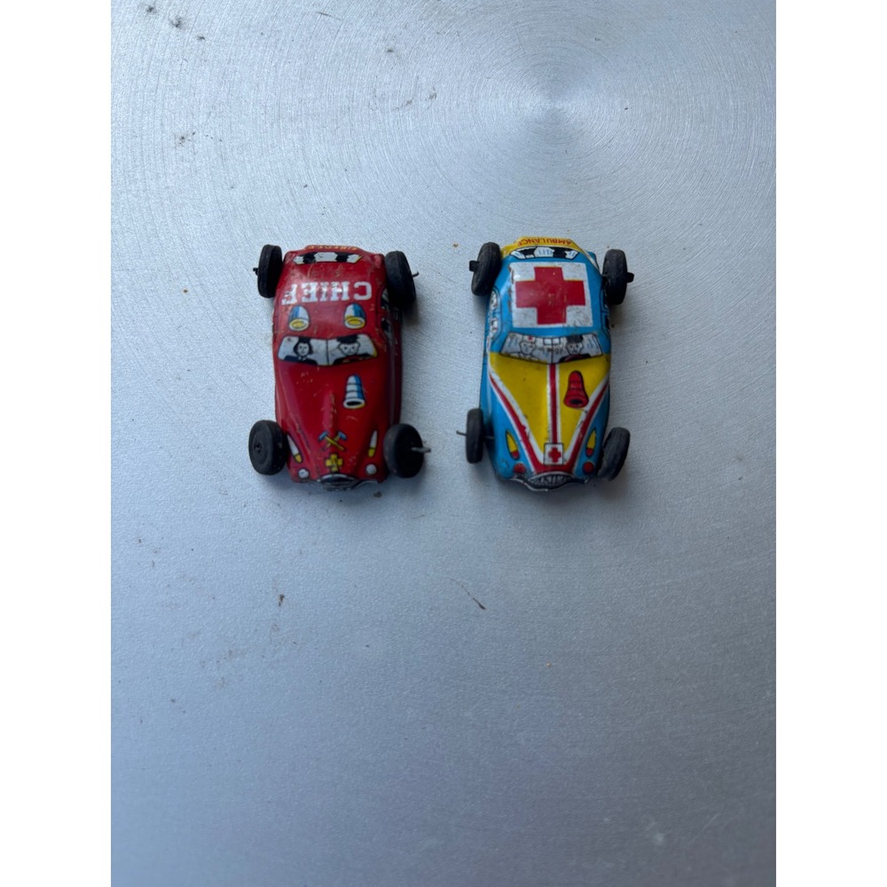 Vintage Tin Litho Toy Cars Set Fire Chief Ambulance Miniature Emergency Vehicles
